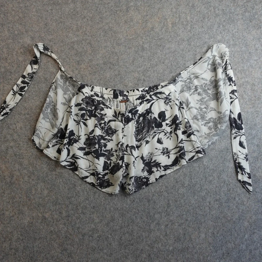Free People Floral Tie Front Shorts Womens XS Black White Gauzy Beach Boho Skort